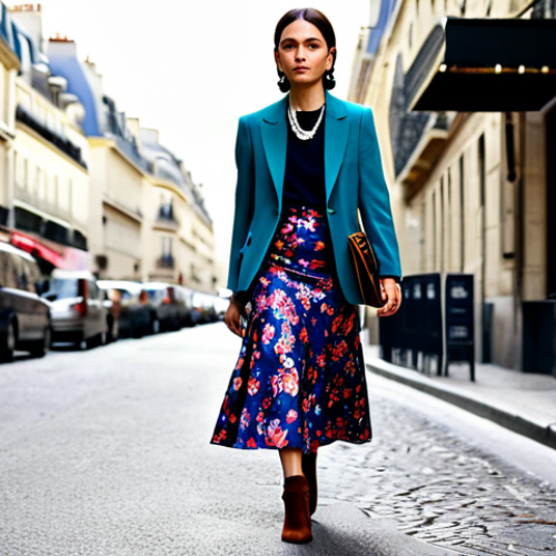 Home 14 **
"A model walking down a Parisian street, fully clothed in a Dries Van Noten-inspired ensemble: a floral print midi skirt paired with a tailored blazer in a complementary jewel tone. Accessorized with bold, statement jewelry and ankle boots. The scene is bathed in soft, diffused light, highlighting the rich textures and colors of the clothing. Safe for work, appropriate content, modest, professional. Perfect anatomy, correct proportions, natural pose, well-formed hands, proper finger count, natural body proportions."
**