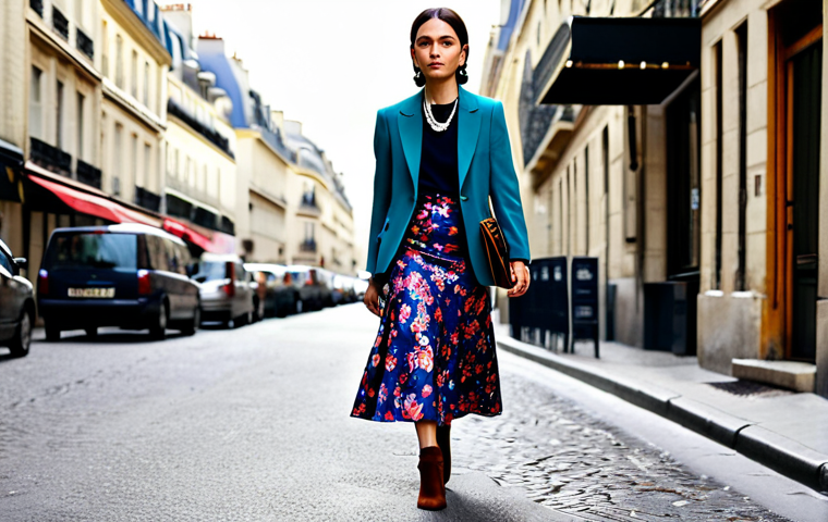 **
"A model walking down a Parisian street, fully clothed in a Dries Van Noten-inspired ensemble: a floral print midi skirt paired with a tailored blazer in a complementary jewel tone. Accessorized with bold, statement jewelry and ankle boots. The scene is bathed in soft, diffused light, highlighting the rich textures and colors of the clothing. Safe for work, appropriate content, modest, professional. Perfect anatomy, correct proportions, natural pose, well-formed hands, proper finger count, natural body proportions."
**