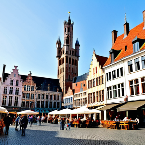Home 7 Markt Square Scene**
"A vibrant and bustling Markt Square in Bruges, Belgium, during the daytime. Colorful historical buildings line the square, filled with cafes and restaurants with outdoor seating. People are enjoying Belgian waffles and local beers. In the background, the Belfry tower rises majestically. Capture the lively atmosphere and architectural details. Safe for work, appropriate content, professional photography, perfect anatomy, natural proportions, fully clothed, modest clothing."
**