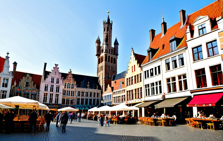 Markt Square Scene**
"A vibrant and bustling Markt Square in Bruges, Belgium, during the daytime. Colorful historical buildings line the square, filled with cafes and restaurants with outdoor seating. People are enjoying Belgian waffles and local beers. In the background, the Belfry tower rises majestically. Capture the lively atmosphere and architectural details. Safe for work, appropriate content, professional photography, perfect anatomy, natural proportions, fully clothed, modest clothing."
**
